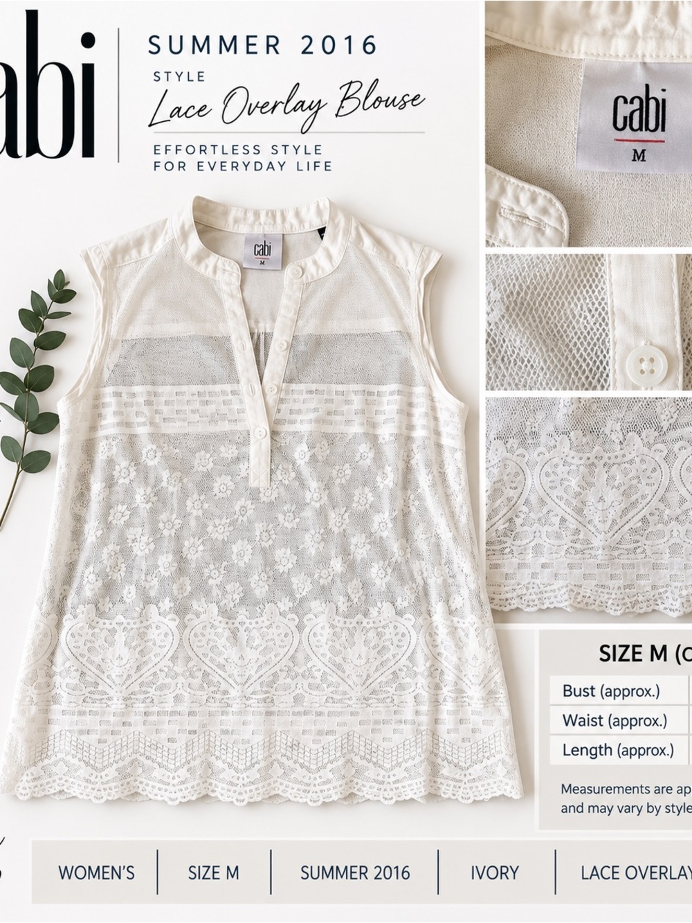 CAbi Ivory Lace Overlay Sleeveless Blouse